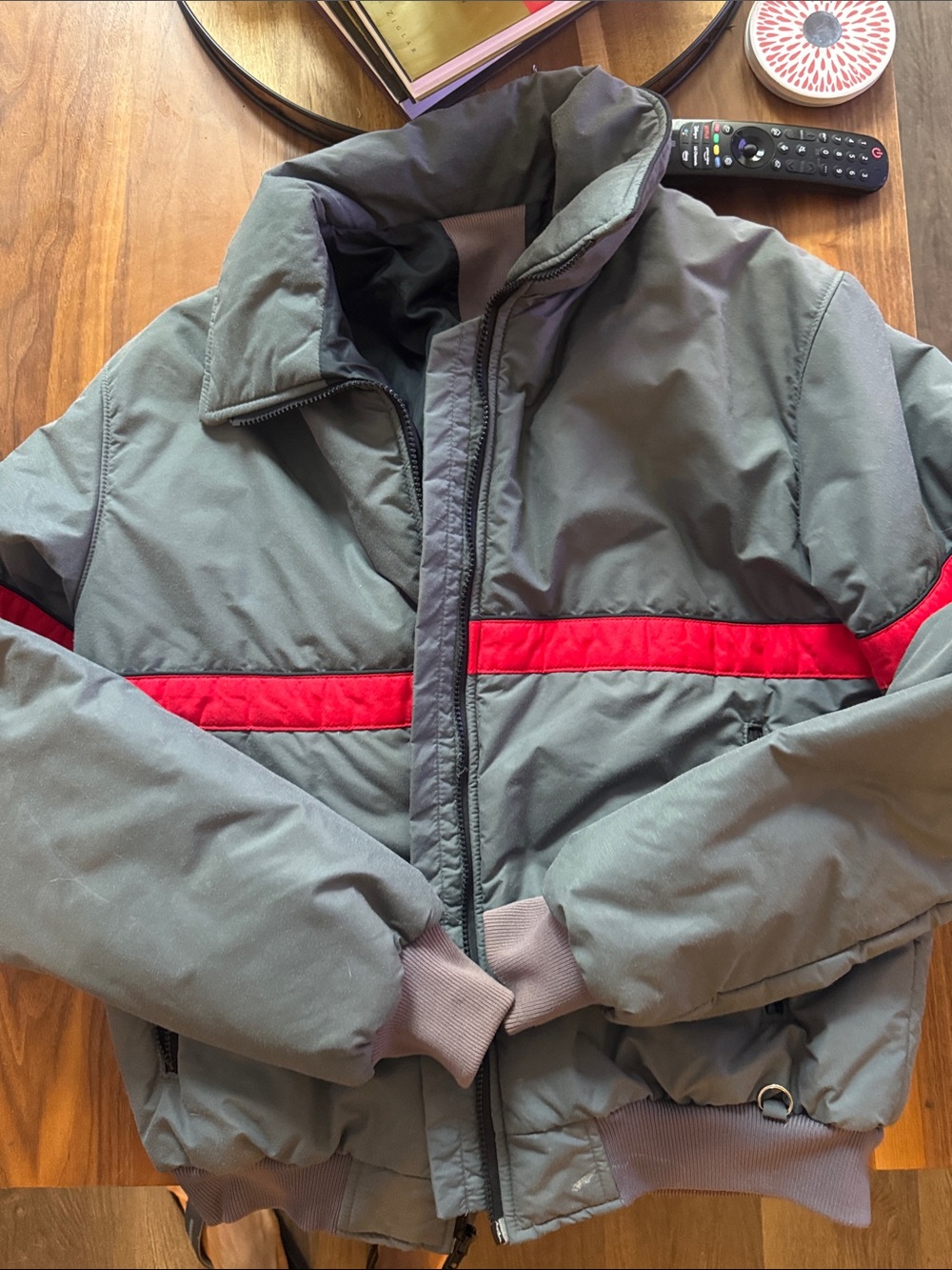 Disney Gray Puffer Jacket with Red Stripe Accent